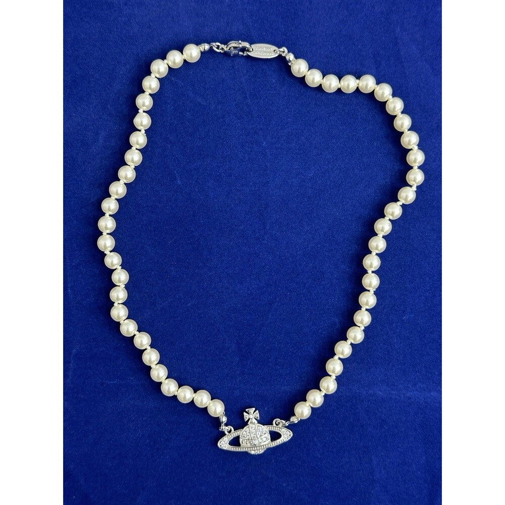 Vivienne Westwood Cream Faux Pearl Strand & Crystal Orbit Pendant Necklace